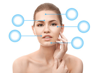 Young woman on white background. Plastic surgery concept