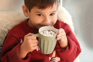 Cute little boy drinking hot chocolate with marshmallow at home