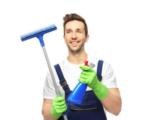 Young window cleaner on white background