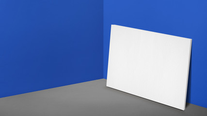Blank white poster canvas leaning at corner in perspective blue studio room,Mockup template for adding or display of product or design (3d rendering)