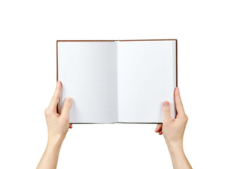 Overhead view of hands holding a blank book ready with copy space ready for text. Isolated on white background. With clipping path