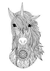 Obraz premium Unicorn head zendoodle design for t shirt design,design element and adult coloring book pages. Stock vector.