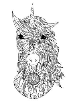 Unicorn head zendoodle design for t shirt design,design element and adult coloring book pages. Stock vector.