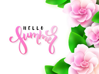 Naklejka premium vector illustration of hand lettering - hello summer with blooming gardenia