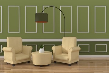 interior design with leather sofa set, plant and lamp in green wall background in 3D rendering