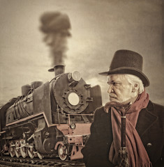 Top hat - vintage portrait of a senior on train. Photo in old image style