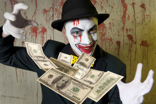 Evil clown throwing dollar