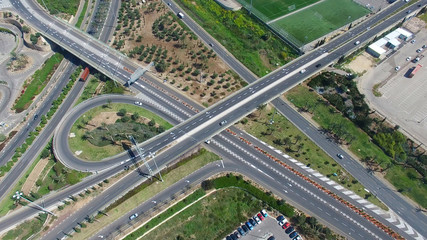 Highway interchange with traffic on all levels - Aerial view