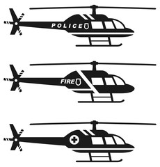 Emergency concept. Set of different silhouettes of medical, police and fire helicopter isolated on white background. Vector illustration.