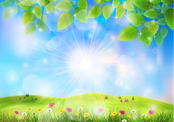 Obraz premium Spring landscape with house on a hill and flower field