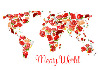 Meat world map poster with beef, pork, ham, bacon