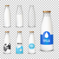 Set of vector icons glass bottles empty and with a milk in a realistic style. Milk bottles with different label patterns isolated on transparent background