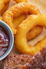 Close-up fried squid rings with bread