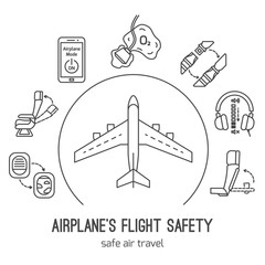 Thin line icons for airplane safety concept