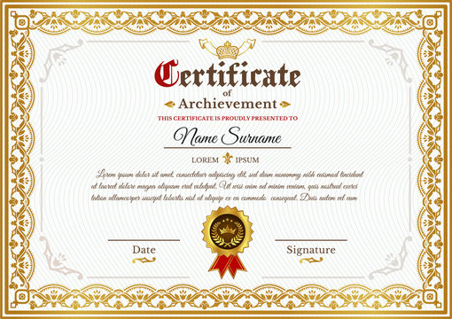 Vector certificate template on awarding, design of certificate with golden vintage ornament on the contour and badge