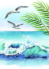 Fototapeta na wymiar Watercolor hand drawn ocean card