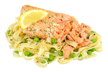 Salmon And Tagliatelle Pasta Meal Isolated On White