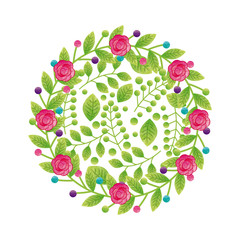 beautiful flowers and leaves in circle shape over white background. colorful design. vector illustration