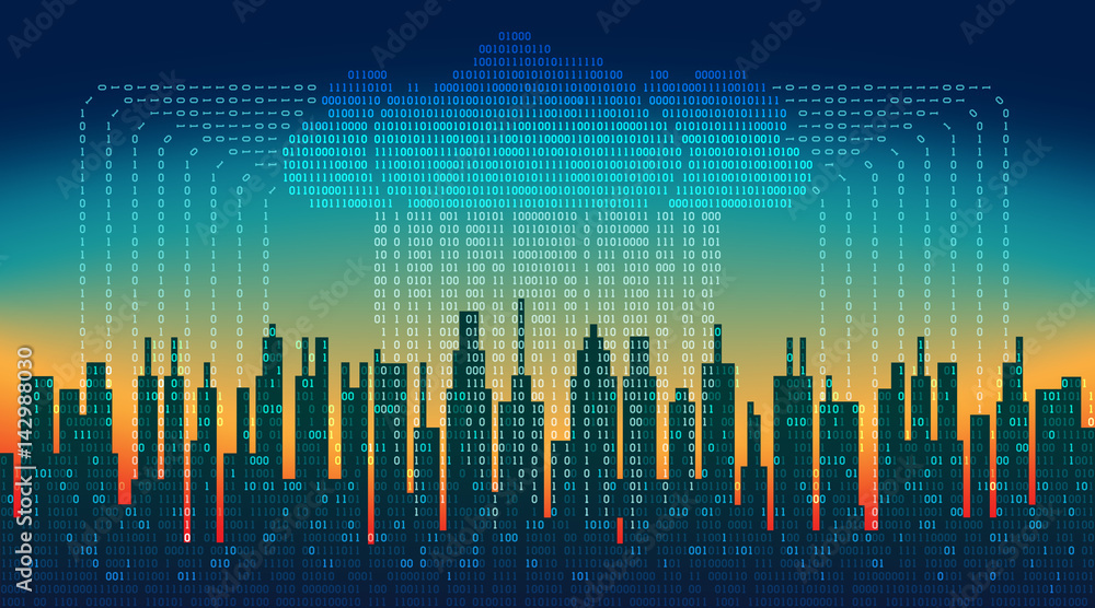 Poster binary rain in digital abstract city, the flow of data with the cloud, high-tech background, concept