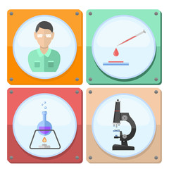 Lab symbols test medical laboratory scientific biology design molecule microscope concept and biotechnology science chemistry icons vector illustration.