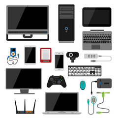 Electronic gadgets icons technology electronics multimedia devices everyday objects control and computer connection digital network vector illustration.