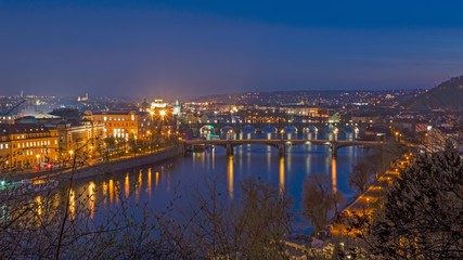 Prague, Czech Republic. View  from Letna in the night. Charles bridge.