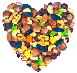 mix nuts and dried fruits in the form of a heart