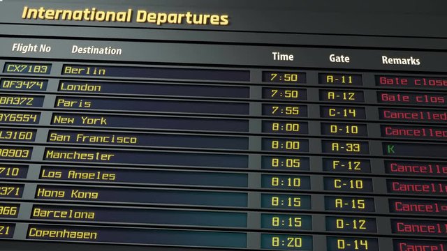 Airport timetable, all departure flights cancelled, bad weather, security alert. Airport timetable and information display