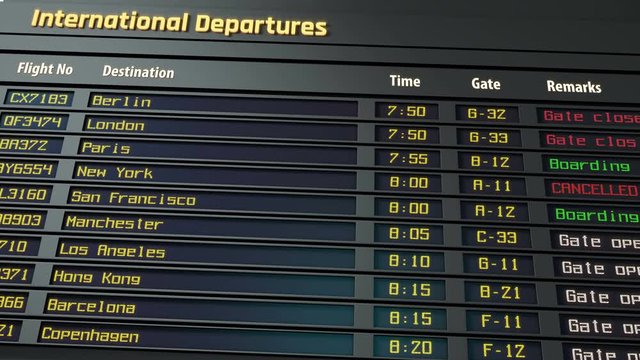 Departure board with international flight information at airport, travel. Airport timetable and information display