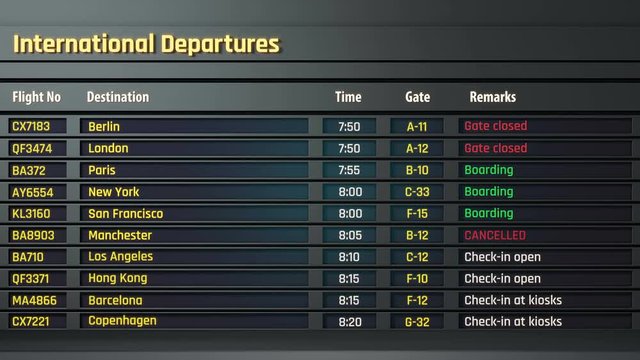 Flight information displayed on airport departure board, status changing. Airport timetable and information display