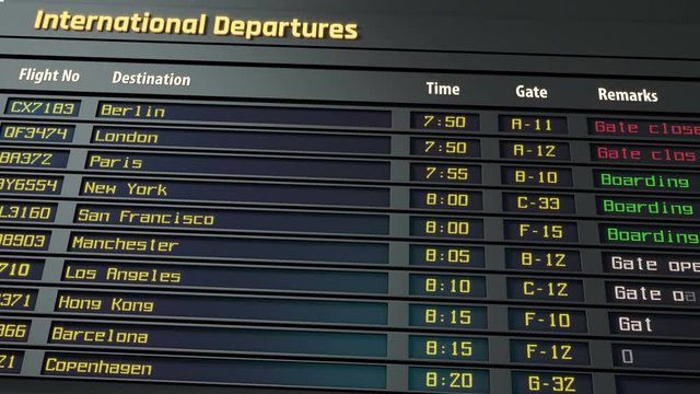 Airport timetable, departure flight information updating, international flights. Airport timetable and information display