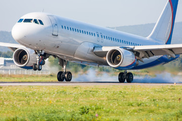 Naklejka premium The plane lands. Touching the runway with smoke