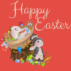 Set of easter chocolate egg hunt bunny basket on green grass decorated flowers, rabbit funny ears, happy spring season holiday tradition greeting card banner collection vector illustration background