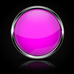Purple glass button with chrome frame on black background