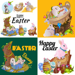 Set of easter chocolate egg hunt bunny basket on green grass decorated flowers, rabbit funny ears, happy spring season holiday tradition greeting card banner collection vector illustration background