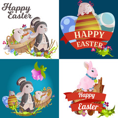 Set of easter chocolate egg hunt bunny basket on green grass decorated flowers, rabbit funny ears, happy spring season holiday tradition greeting card banner collection vector illustration background
