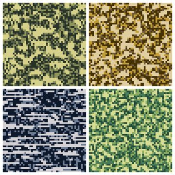 Military camouflage, army uniform fabric vector seamless patterns