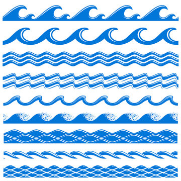 Sea water waves vector seamless borders set