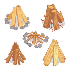 Wood stacks and hardwood firewood, wooden logs cartoon vector set