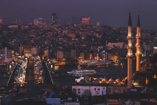 Istanbul night view from Valide Han roof. Illuminated lights