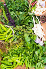 A set for home canning. Pickling cucumbers. Herbs and spices.