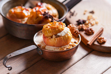 Fruit dessert baked apples in the pan