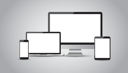 Realistic device flat Icons: smartphone, tablet, laptop and desktop computer. Vector illustration