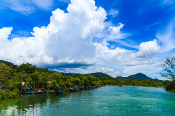 Fototapeta na wymiar Fishing village with blue sky.