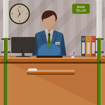 Bank teller behind window. Depositing money in bank account. People service and payment. Vector illustration in flat style