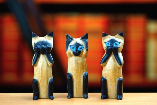 Chinese cats figures Nothing see, Nothing hear, Nothing talk on the table on books background