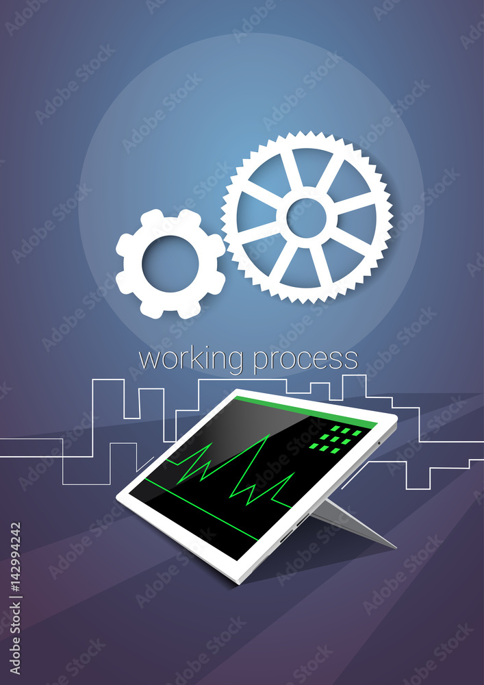 Poster tablet computer responsive design financial graph working process vector illustration