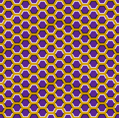 Optical motion illusion seamless pattern. Purple hexagons move on yellow background.