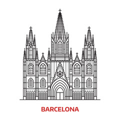 Fototapeta premium Travel Barcelona landmark icon. Gothic cathedral is one of the famous tourist attractions in capital of Catalonia, Spain. Thin line catholic church vector illustration in outline design.