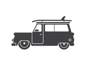 Surfing car icon in outline design. Surf van vector silhouette illustration. Auto travel label or logo template.